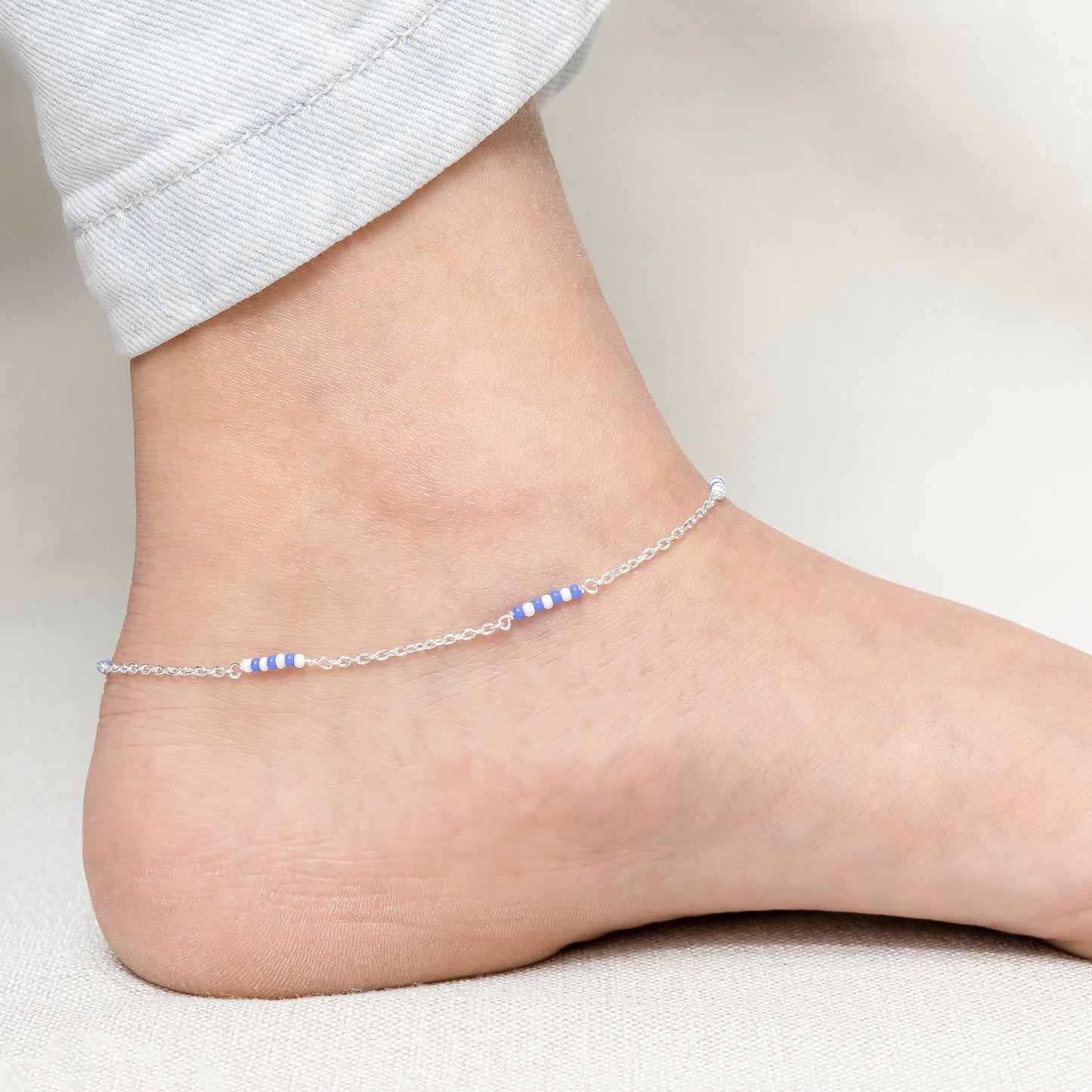 Silver Anklet with Blue & White Beads