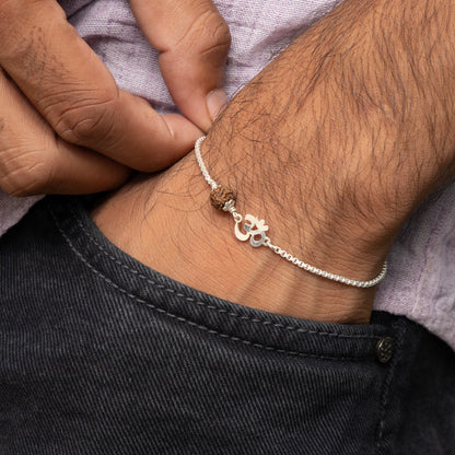 Men’s Silver Rudraksha Bracelet Om Symbol Adjustable