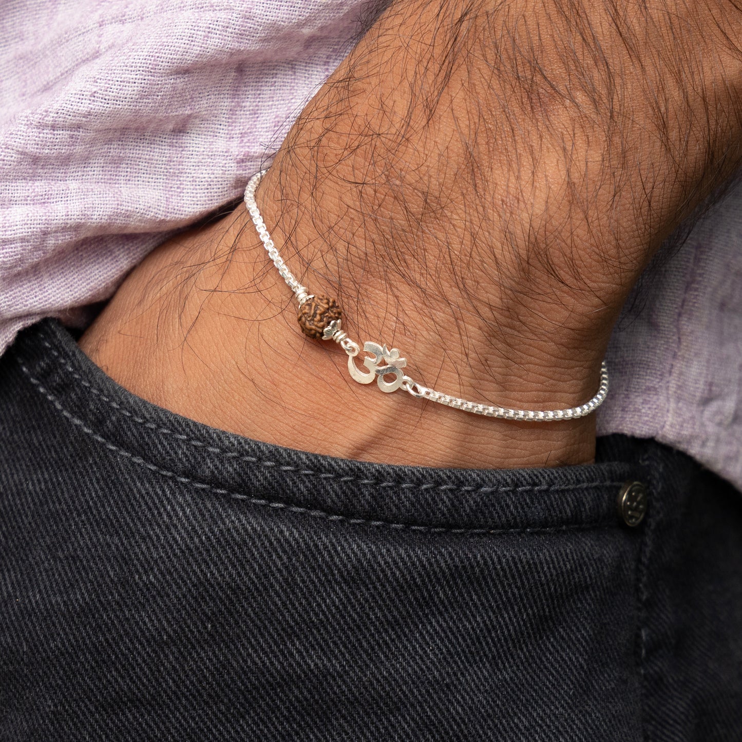 Men’s Silver Rudraksha Bracelet Om Symbol Adjustable