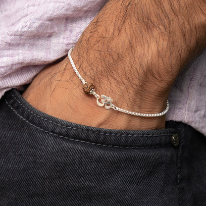 Men’s Silver Rudraksha Bracelet Om Symbol Adjustable