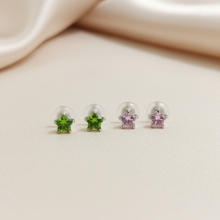 (2 Pcs Combo) Color Your Spark Star Stones Unisex Silver Earrings in Vibrant lung