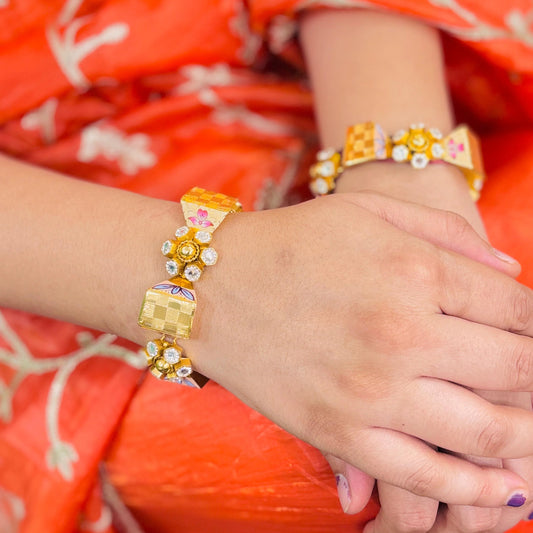 Timeless Beauty Chess buds with flowers Design Silver Gold Polish Bracelet Pair.