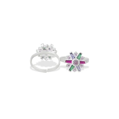 Charming silver toe rings with a hexagonal pattern and colorful multi-gems for a bold look