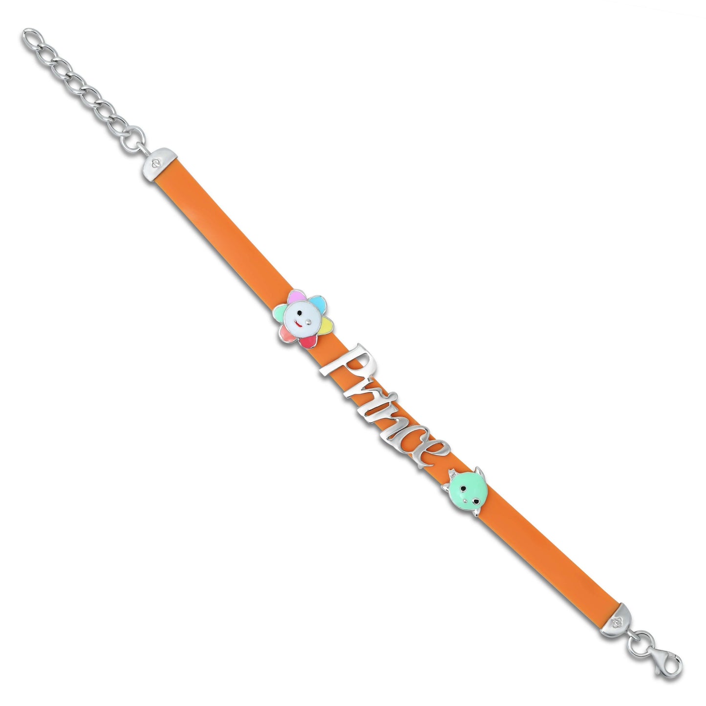 Sterling silver bracelet for girls featuring 'Prince' written on an orange belt design