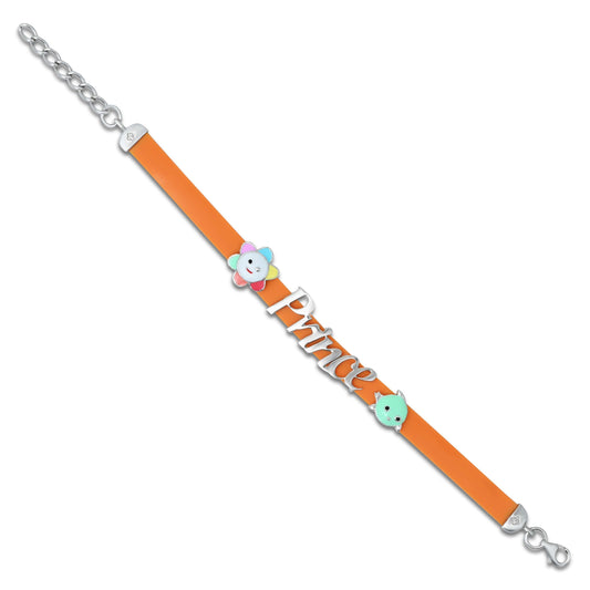 Sterling silver bracelet for girls featuring 'Prince' written on an orange belt design