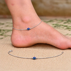 Silver Evil Eye Blue Bead Minimal Anklet for Women & Girls