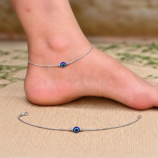 Silver Evil Eye Blue Bead Minimal Anklet for Women & Girls