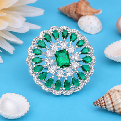 Silver Ring for Women with Green Mini Stones and Center Gem