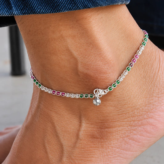 Multicolor Silver Anklet for Women | Elegant Beaded Silver Payal