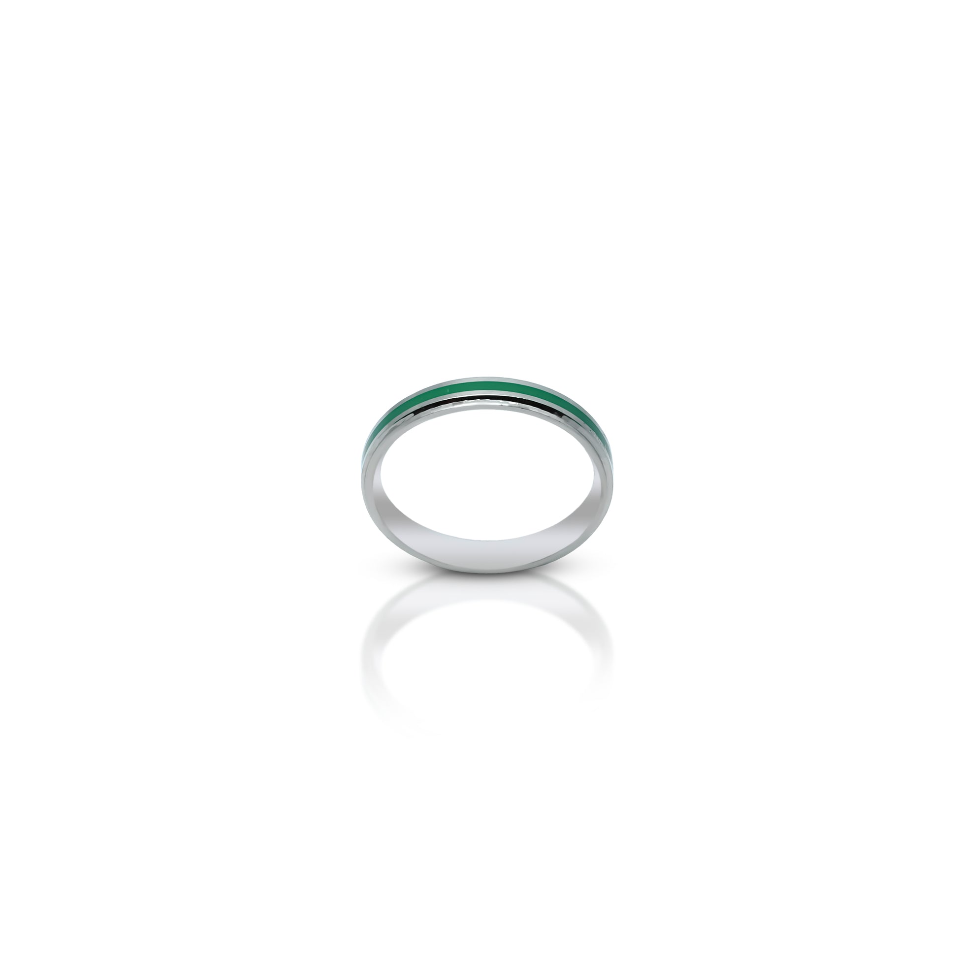 Trendy sterling silver ring with a modern green stripe accent for girls.