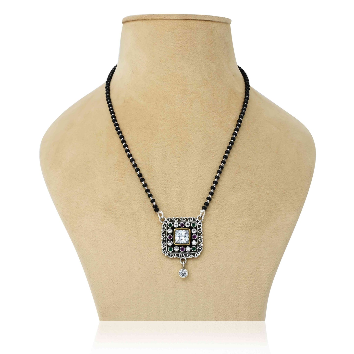 Sterling silver mangalsutra with a square design and a central CZ stone for a modern look