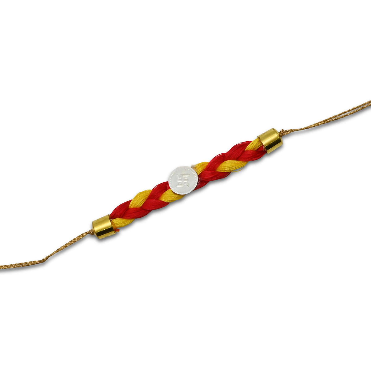 Boys' Rakhi featuring a silver Swashtika centerpiece with red and yellow tangle Moli