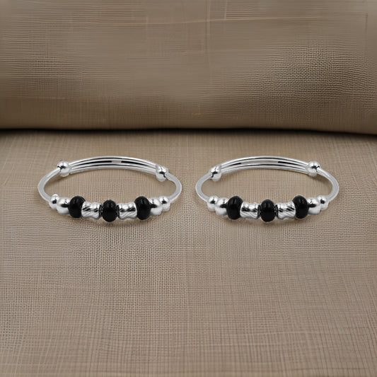 Elegant Silver Kada Featuring Black Beads for a Sleek Look