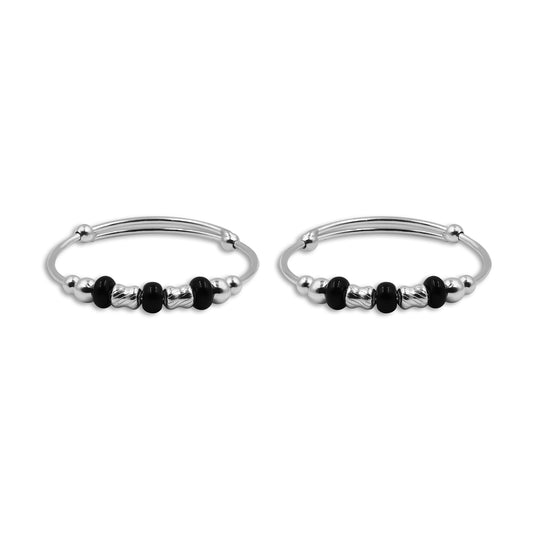 Stylish Silver Kada with Sleek Black Beads - Modern and Chic Bracelet
