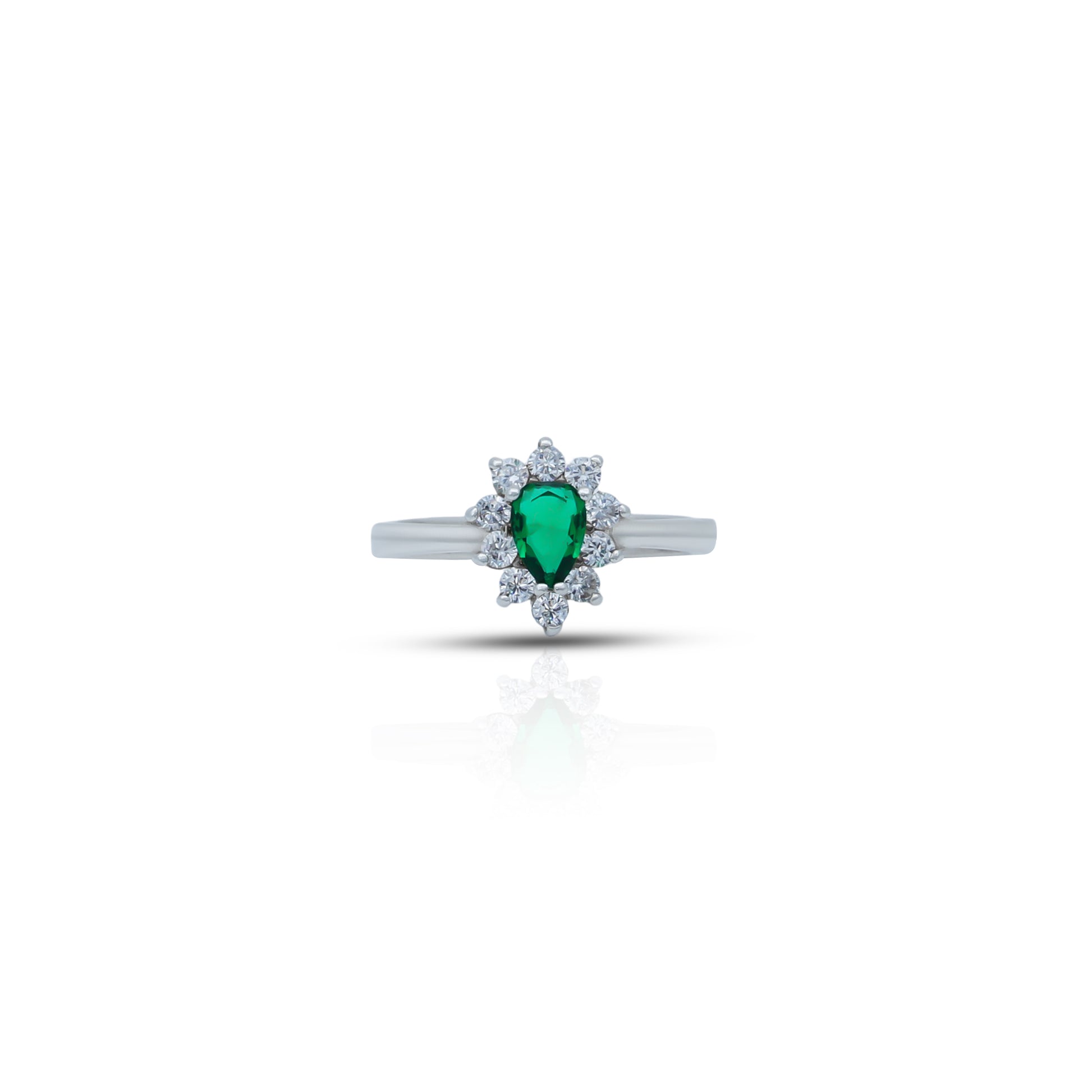 Silver ring with a pear-cut green stone, offering a sleek and elegant design