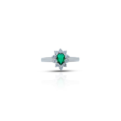 Silver ring with a pear-cut green stone, offering a sleek and elegant design