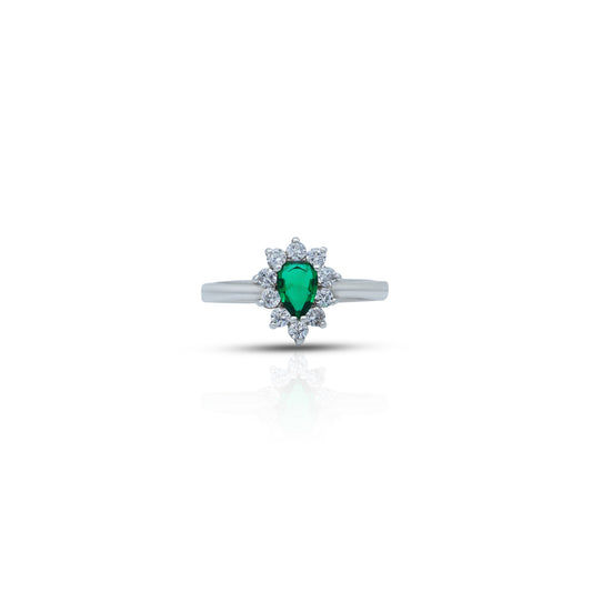 Silver ring with a pear-cut green stone, offering a sleek and elegant design