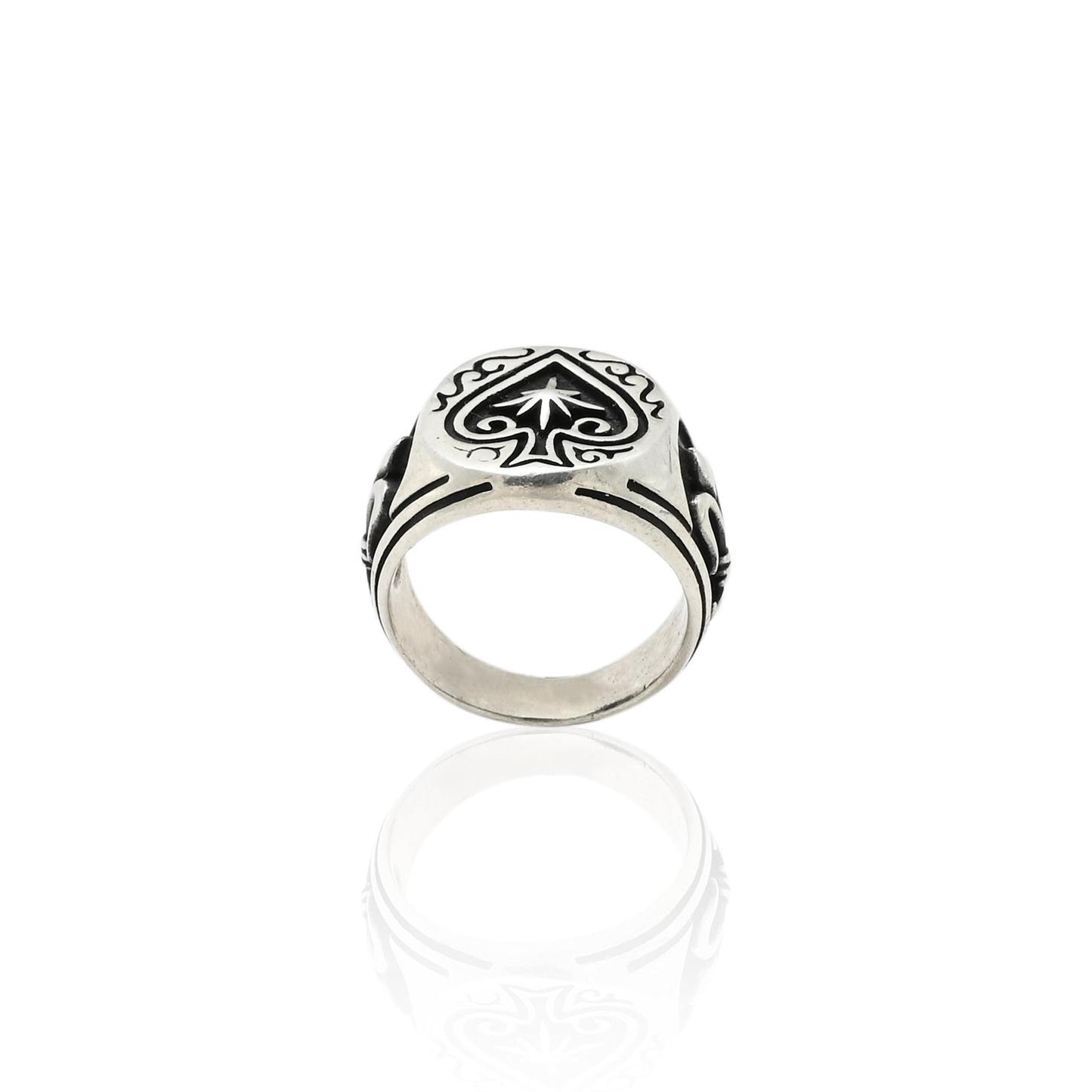 Close-up of a silver boys' ring showcasing an intricate 'hole cards' pattern for a bold look.