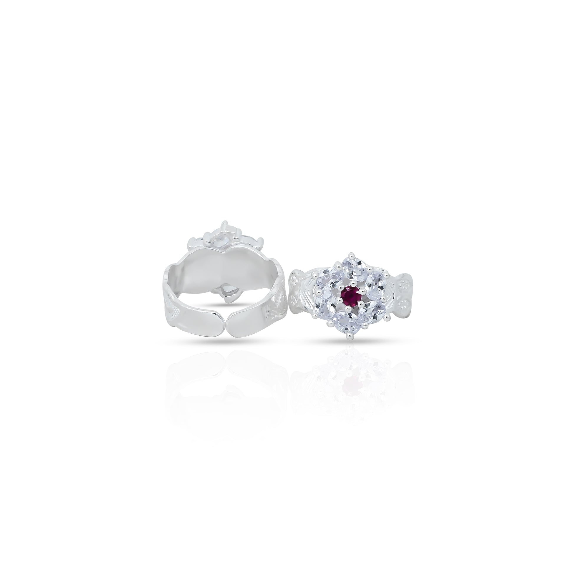 Charming silver toe rings adorned with sparkling CZ stones in a delicate floral pattern