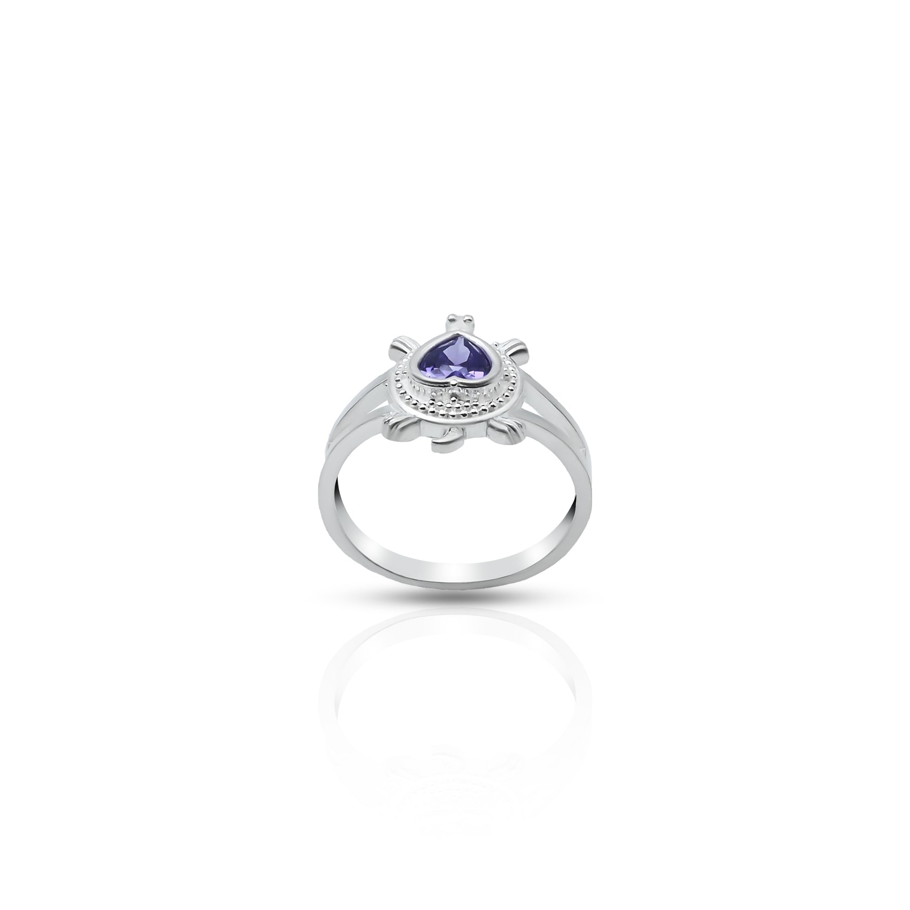 Elegant silver ring featuring heart-shaped purple gem and turtle.