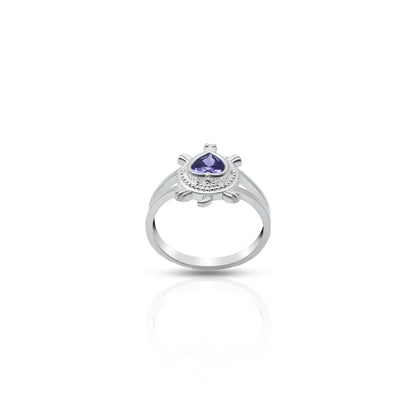 Elegant silver ring featuring heart-shaped purple gem and turtle.