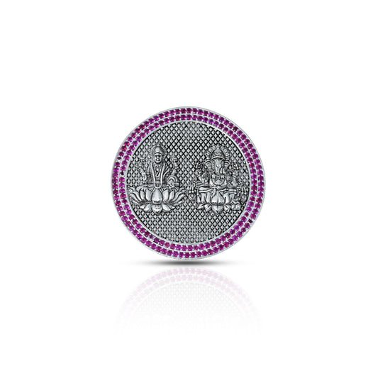 Lakshmi Ganesha silver coin with a purple stone border