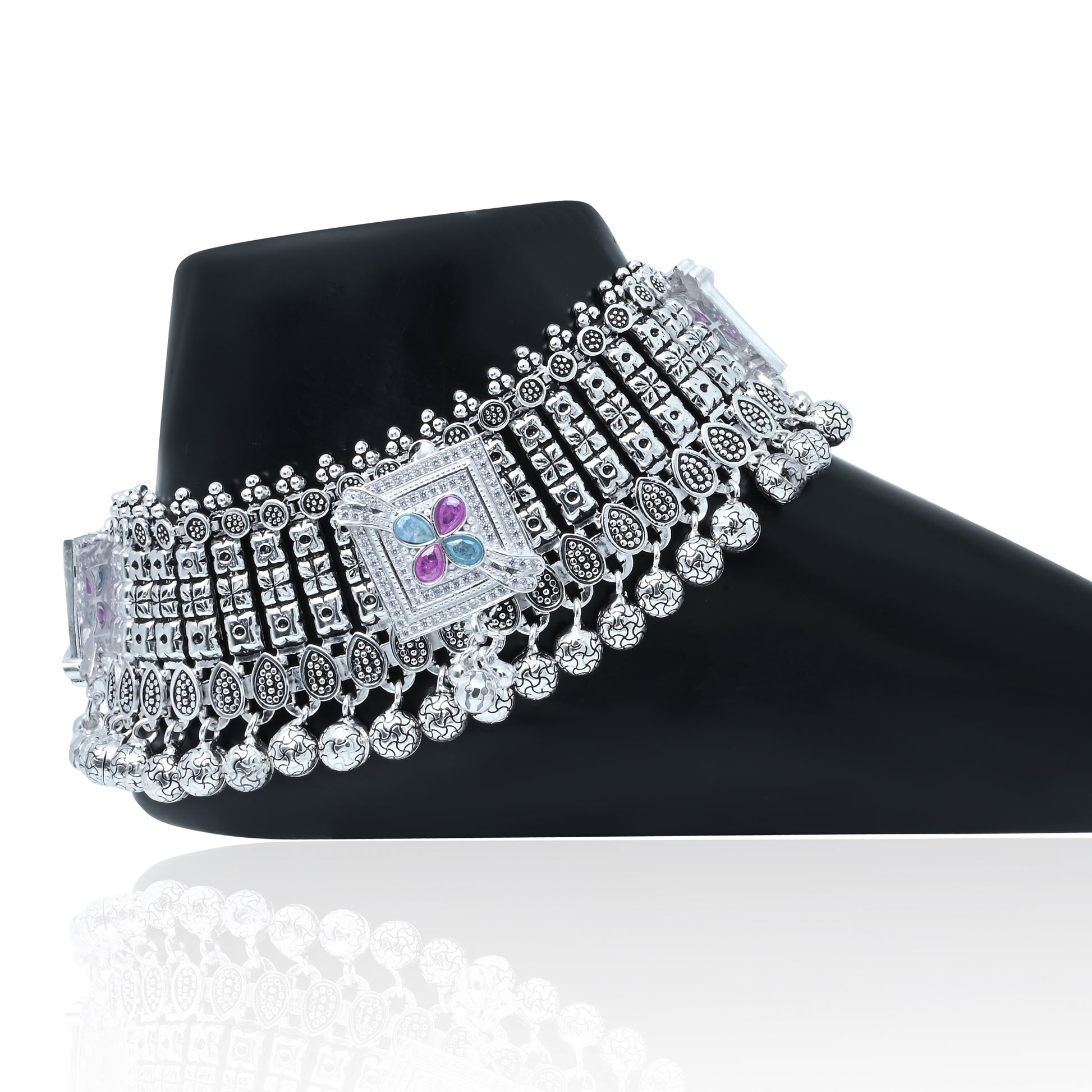 Elegant Silver Payal with Square Design and Purple-Blue Center Stones