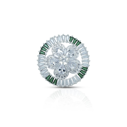 Silver ring featuring a flower design embellished with colorful gemstones