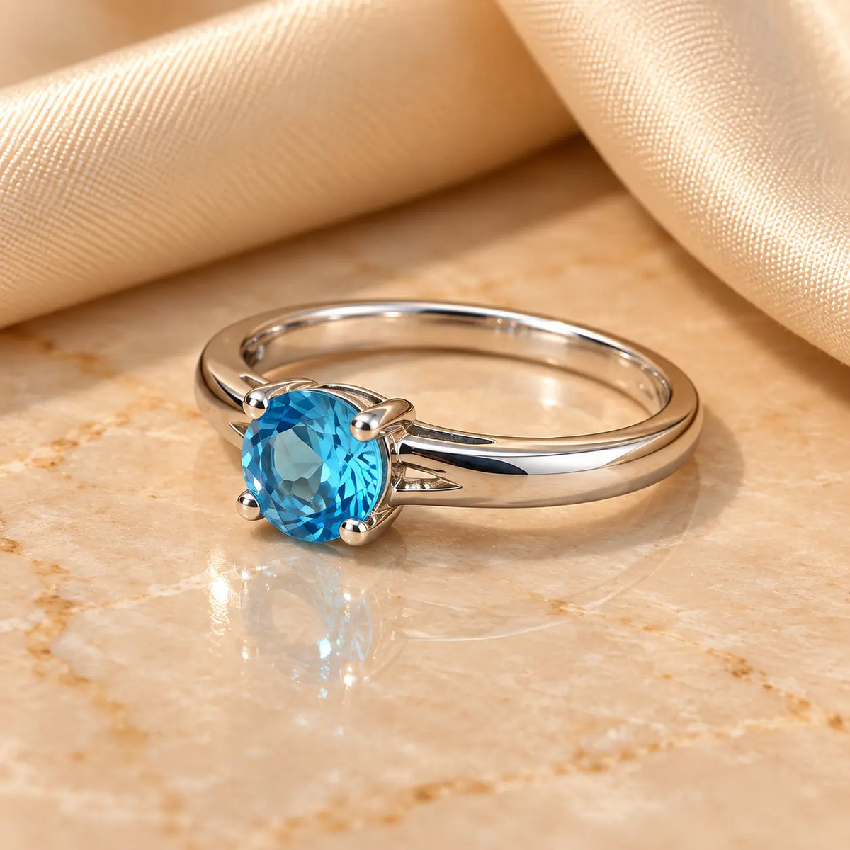 Blue Topaz Round Shaped Sterling Silver Ring