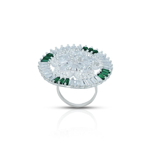 Elegant flower design silver ring adorned with sparkling gemstones