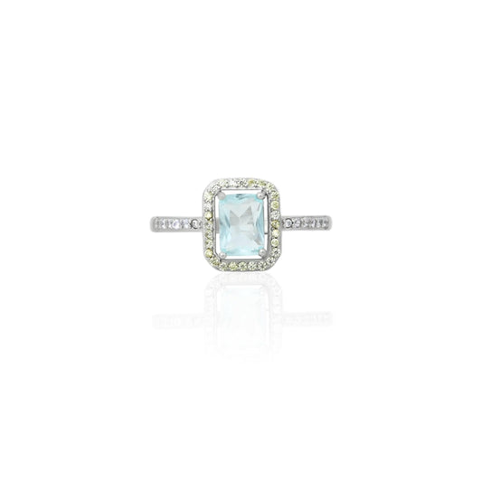 Close-up view of a sterling silver aquamarine cushion cut ring for women, featuring a sparkling aquamarine stone.