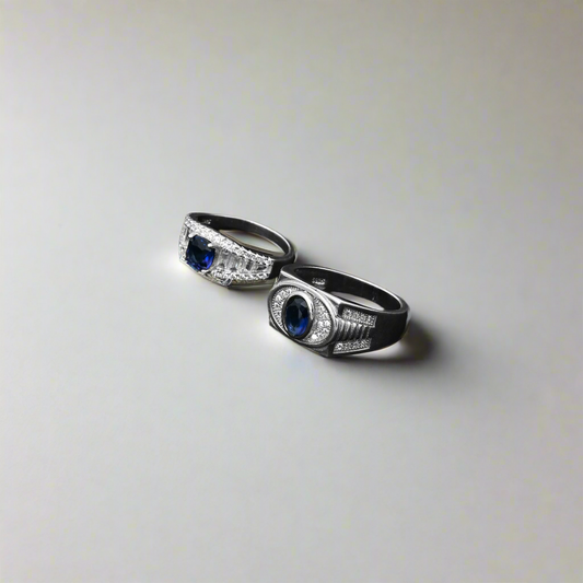 Sleek Sterling Silver Rings with Blue Center Stone - For Him & Her.