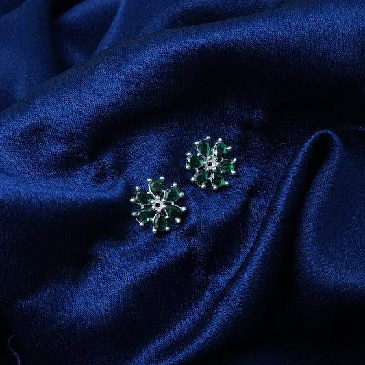 Silver Earrings with Green Gem Floral Pattern