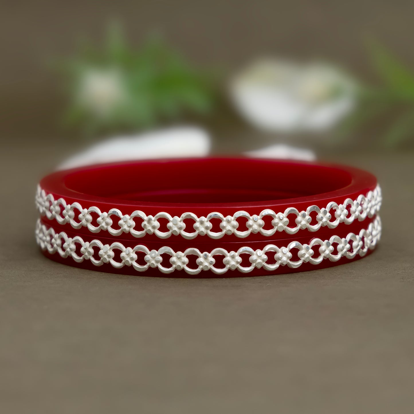 Red Bangles with Intricate Pure Silver Chain
