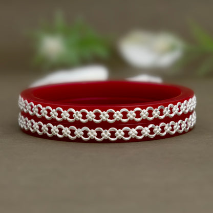 Red Bangles with Intricate Pure Silver Chain