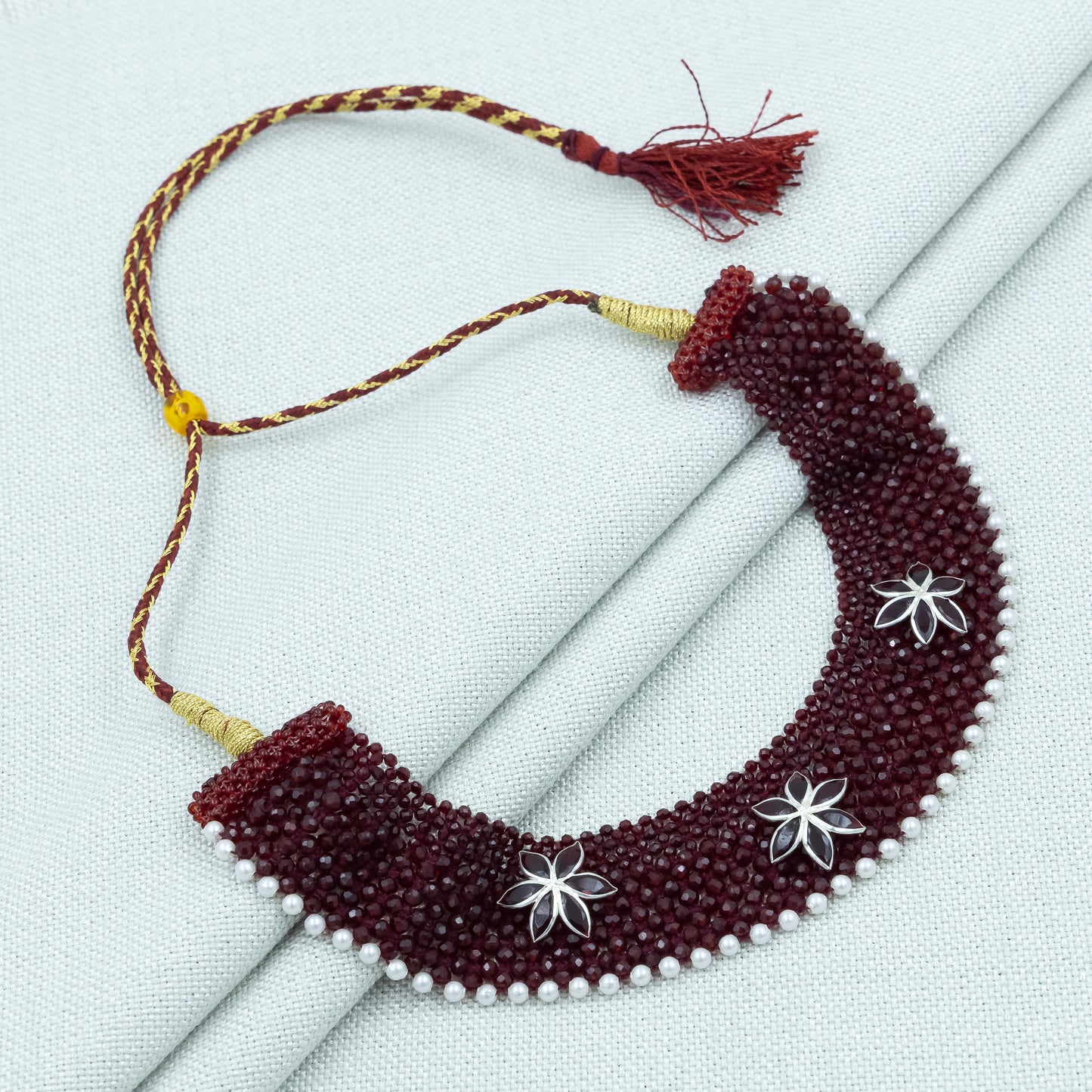 Maroon Chatai Necklace with Three Silver Flower Charms & Pearl Border
