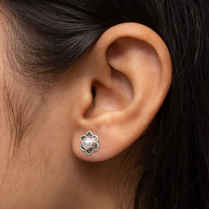 Floral Silver Stud Earrings with Sparkling Stone