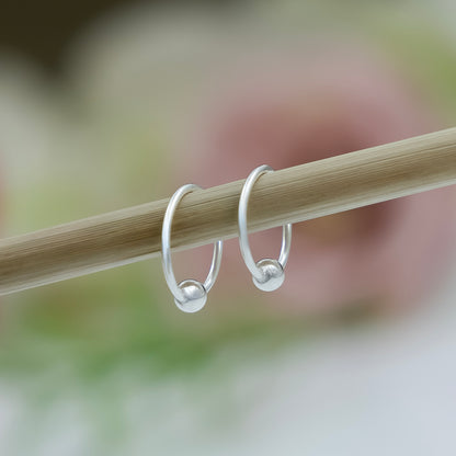 Minimal Silver Hoop Earrings with Bead Accent