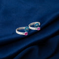 Blue-Detail Flower Silver Toe Ring with Stone