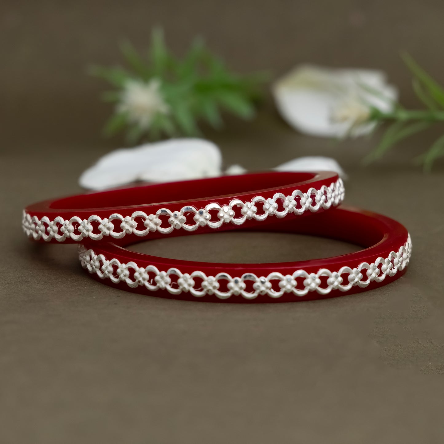Red Bangles with Intricate Pure Silver Chain