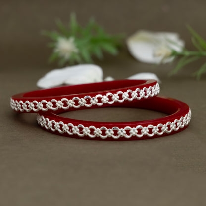 Red Bangles with Intricate Pure Silver Chain