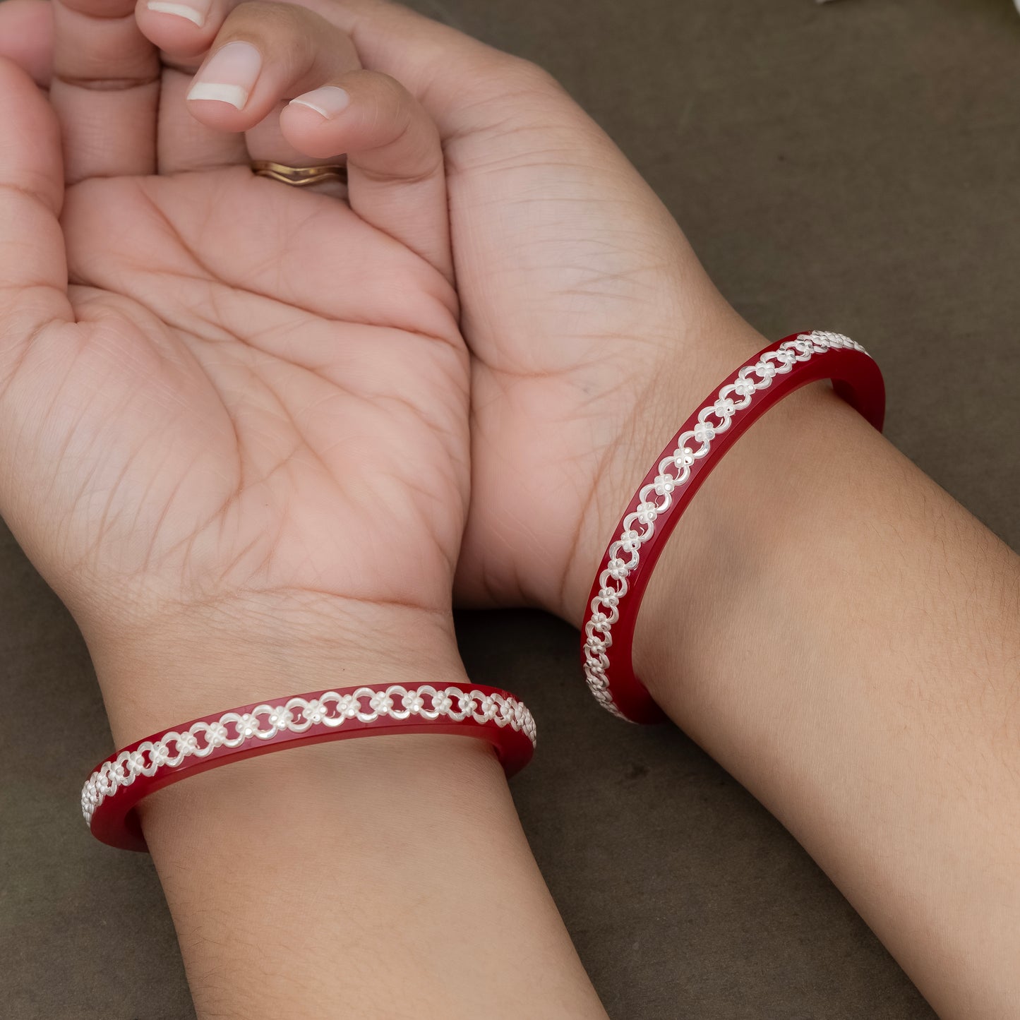 Red Bangles with Intricate Pure Silver Chain