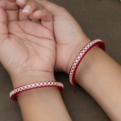 Red Bangles with Intricate Pure Silver Chain