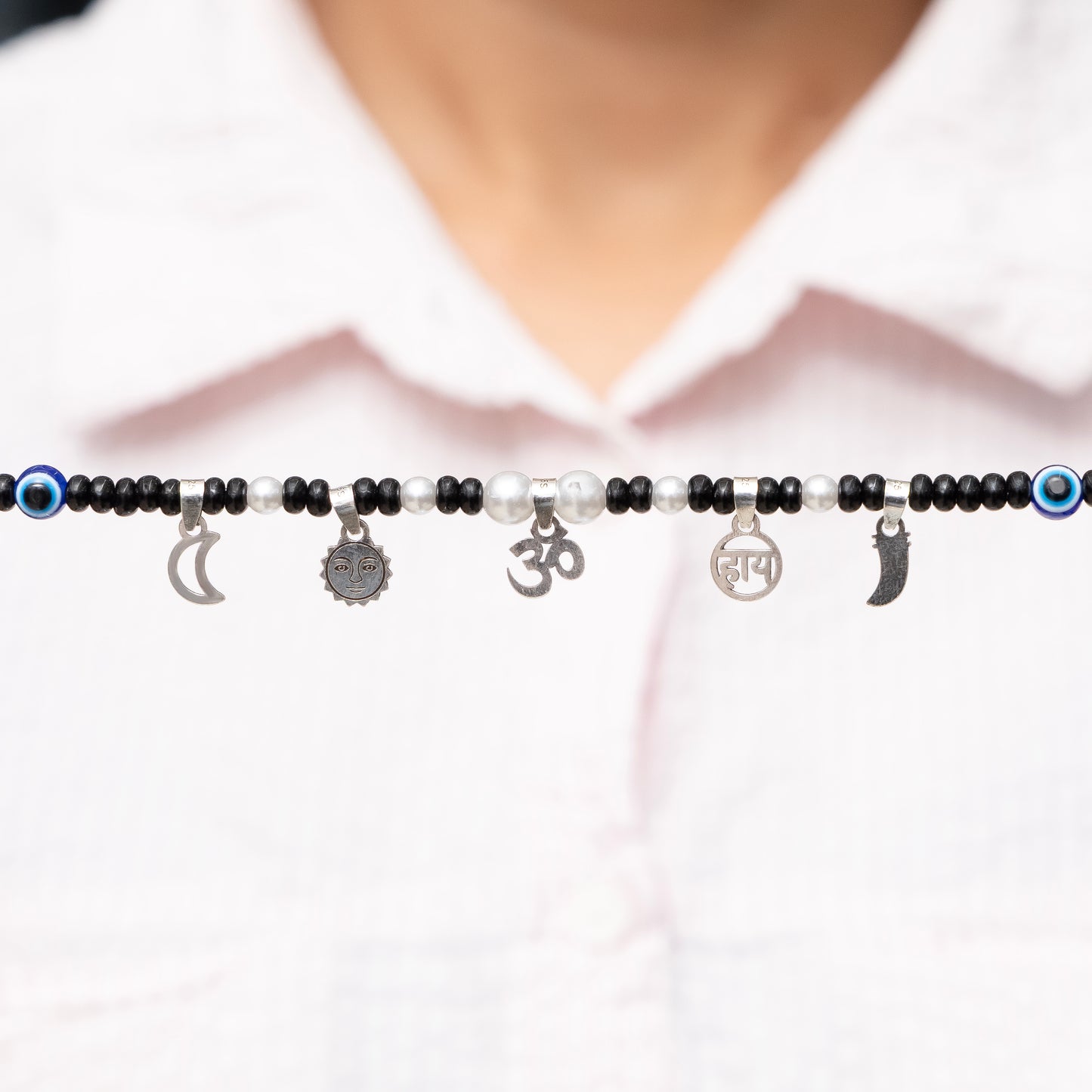 Baby Silver Nazariya Black Beads Mala with Om, Swastik & Moon Charms