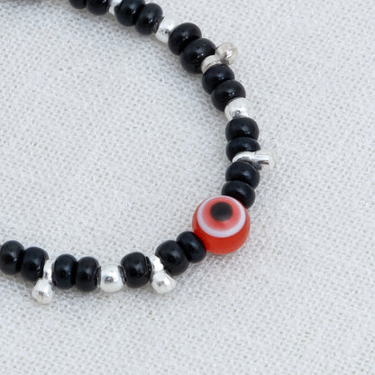 Black Beads & Red Evil Eye Silver Baby Bracelet