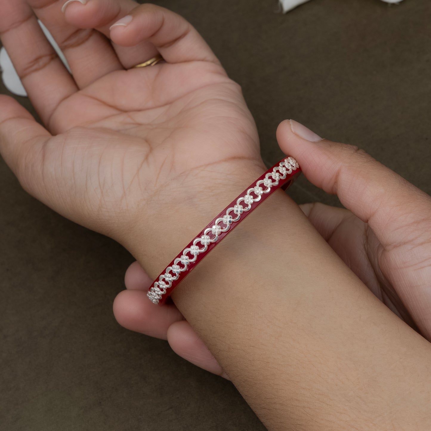 Red Bangles with Intricate Pure Silver Chain