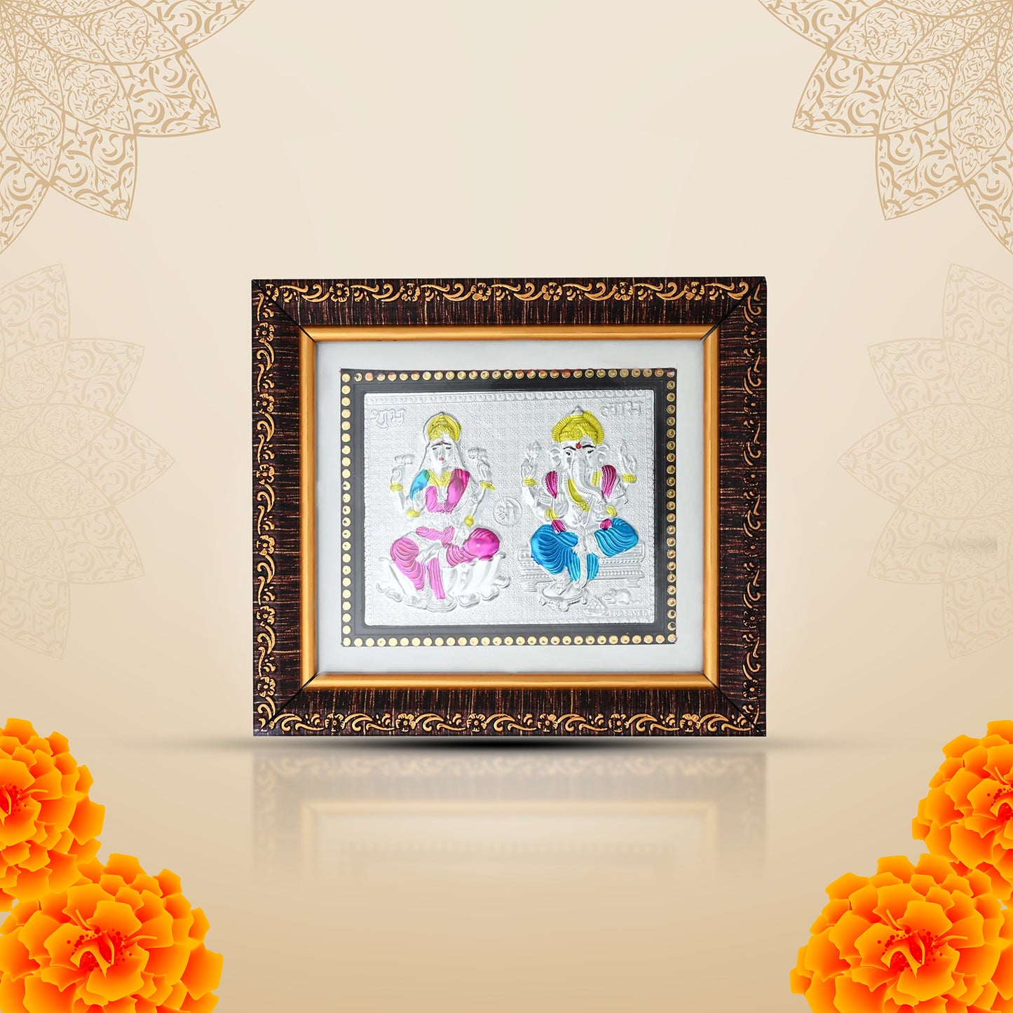 Elegant Silver Frame with Laxmi Ganesh Artwork