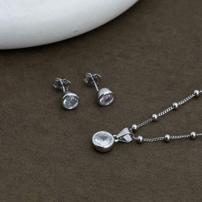 Silver Round Solitaire Pendant & Earrings Set