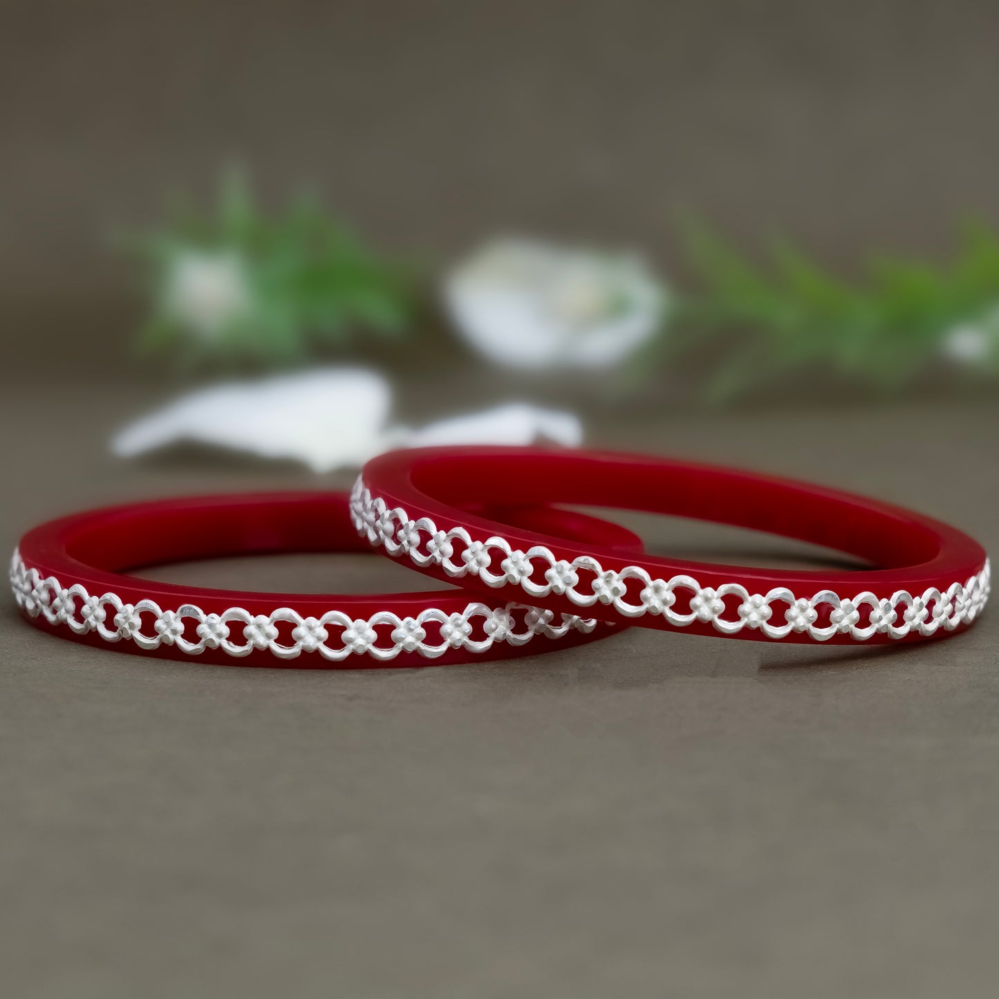 Red Bangles with Intricate Pure Silver Chain