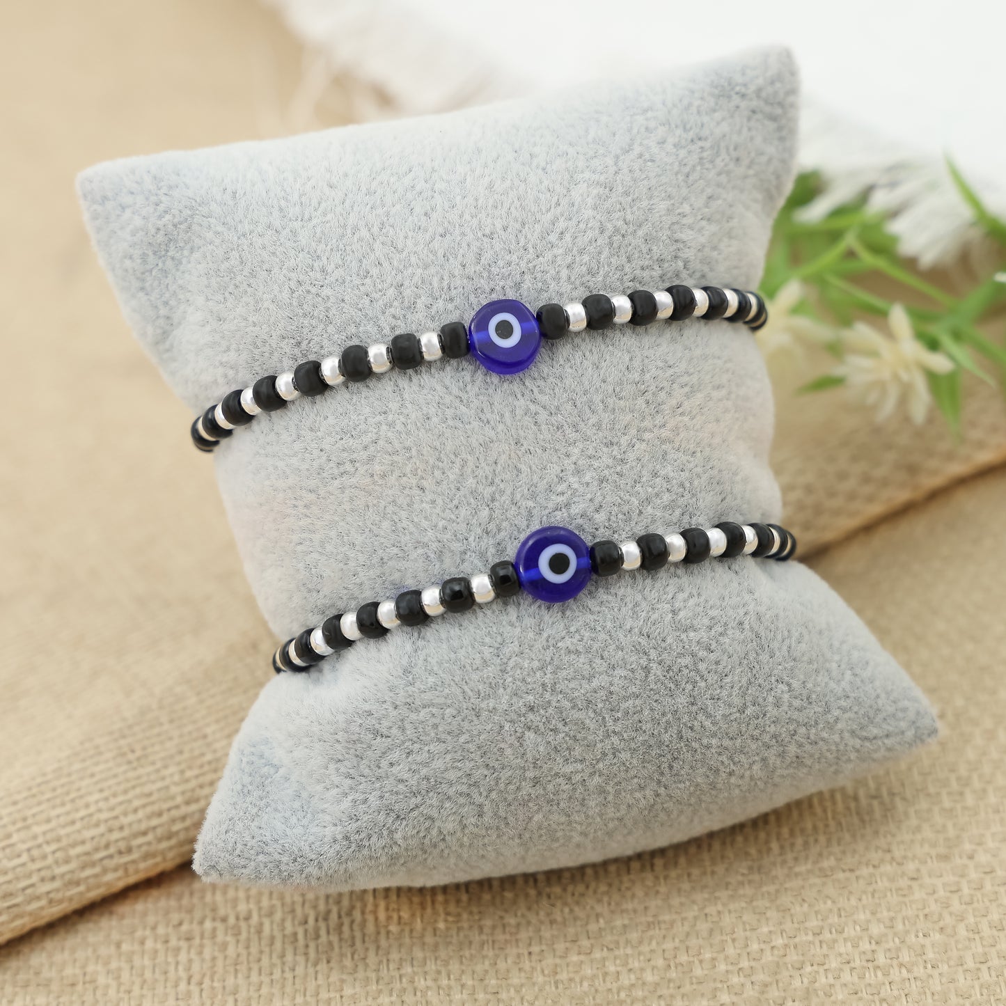 Silver Moti Blue Evil Eye Charm Bracelet